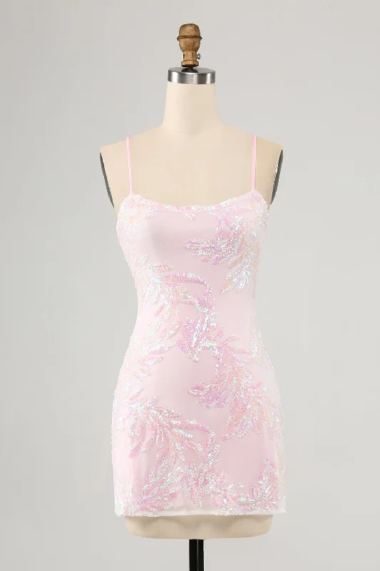 Party dresses with a V - neck design to enhance the neckline​Sparkly Pink Spaghetti Straps Tight Short Prom Dress with Sequins