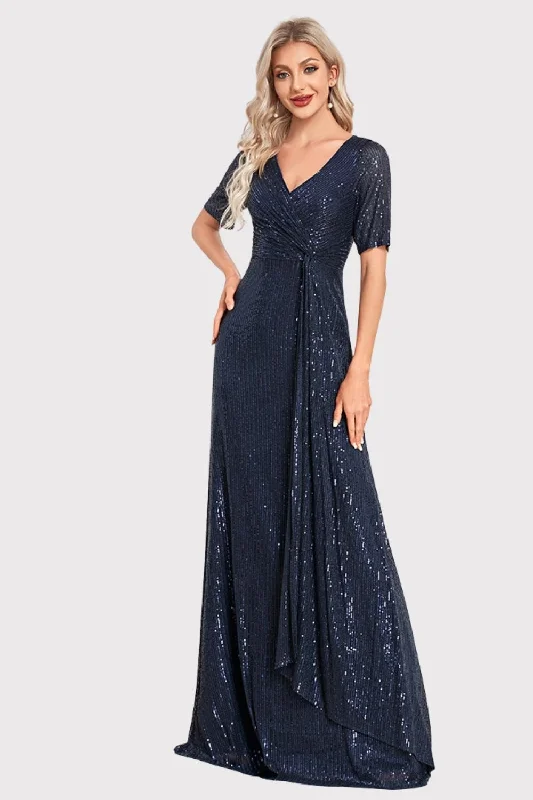 Party dresses with a criss - cross back design for a stylish detailSparkly V-Neck Navy Long Prom Dress with Short Sleeves Party dresses with a criss - cross back design for a stylish detailSparkly V-Neck Navy Long Prom Dress with Short Sleeves