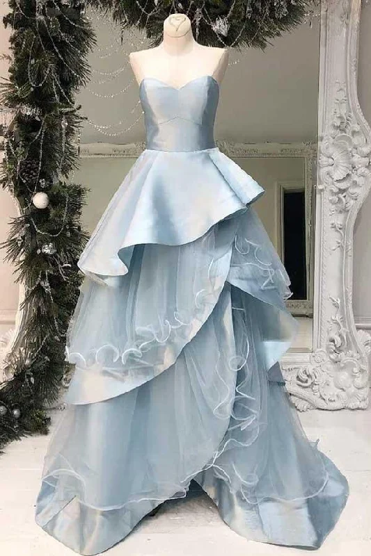 Long - length party dresses with a high - low hem for a trendy styleStrapless Light Blue Long Prom Dresses Multi-Layered Ruffle Prom Dresses PG808 Long - length party dresses with a high - low hem for a trendy styleStrapless Light Blue Long Prom Dresses Multi-Layered Ruffle Prom Dresses PG808