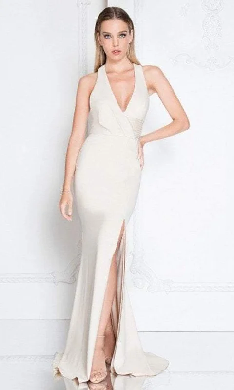 Prom dresses with pom - pom - decorated hems and cotton - blend fabrics for a playful and comfortable formal styleTerani Couture - 1811E6103 Surplice Bodice Sheath Gown Prom dresses with pom - pom - decorated hems and cotton - blend fabrics for a playful and comfortable formal styleTerani Couture - 1811E6103 Surplice Bodice Sheath Gown