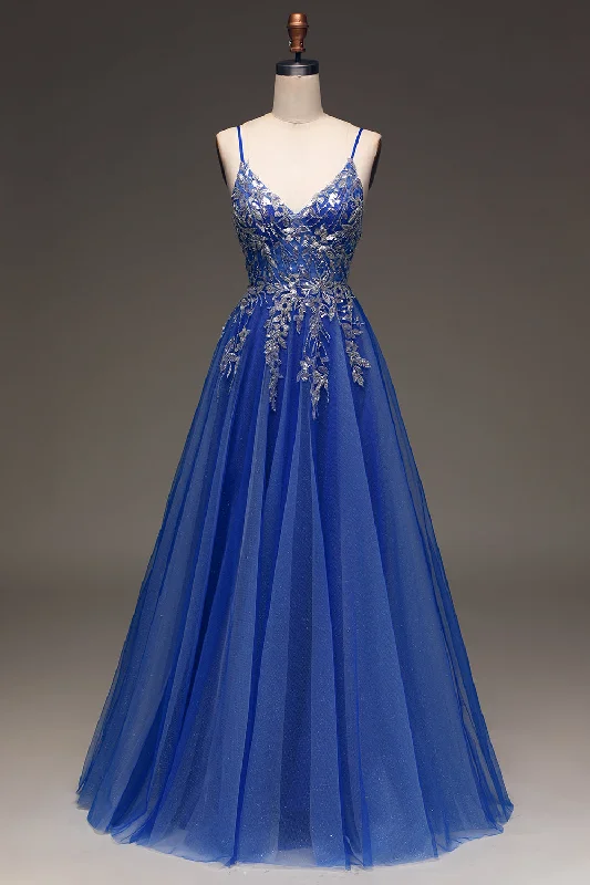 Party dresses with a pom - pom trim for a fun and festive touchTulle Spaghetti Straps Royal Blue Ball Gown with Sequins Party dresses with a pom - pom trim for a fun and festive touchTulle Spaghetti Straps Royal Blue Ball Gown with Sequins