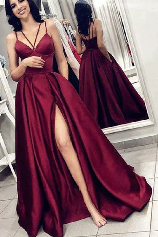 Party dresses with a satin - lined interior for added comfortV Neck Spaghetti Straps Burgundy Satin Split Long Prom Dress with Pockets PG798 Party dresses with a satin - lined interior for added comfortV Neck Spaghetti Straps Burgundy Satin Split Long Prom Dress with Pockets PG798
