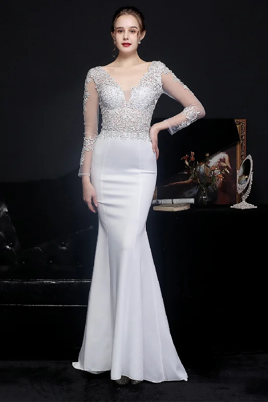 Party dresses with a cut - out design for a daring and edgy styleWhite Applique Mermaid Prom Dress Party dresses with a cut - out design for a daring and edgy styleWhite Applique Mermaid Prom Dress