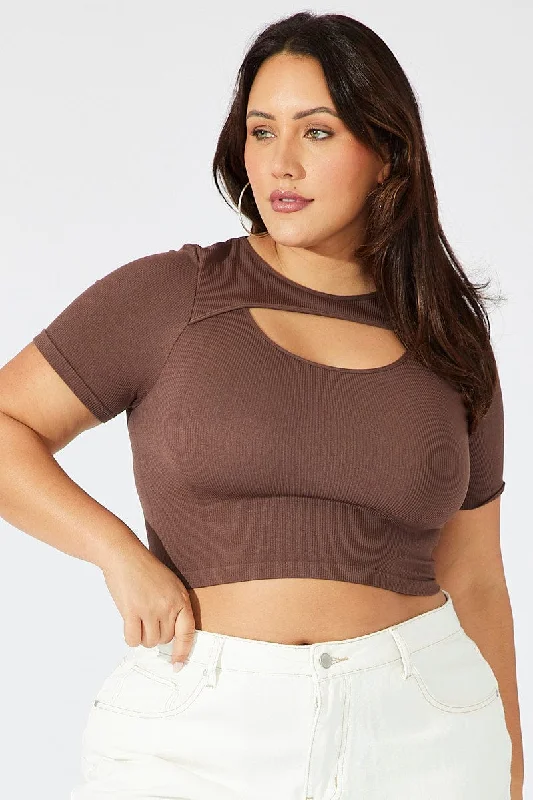 Button - Front Bodysuits with a Classic and Timeless AppealBrown Cut Out Top Short Sleeve Crew Neck Seamless Button - Front Bodysuits with a Classic and Timeless AppealBrown Cut Out Top Short Sleeve Crew Neck Seamless
