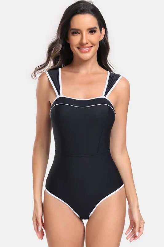 Women's Sequined Mini One - Pieces in Gold for a Glamorous New Year's Eve PartyContrast Trim Wide Strap One-Piece Swimwear Women's Sequined Mini One - Pieces in Gold for a Glamorous New Year's Eve PartyContrast Trim Wide Strap One-Piece Swimwear