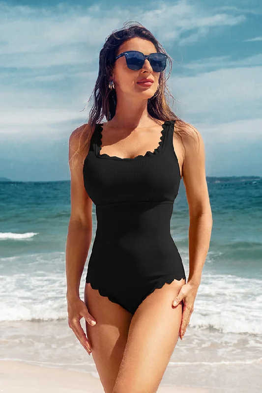 Plus Size Women's Button - Down One - Pieces in Light Blue for a Casual and Comfortable Day OutCut Out Square Neck Scalloped One Piece Swimsuit Plus Size Women's Button - Down One - Pieces in Light Blue for a Casual and Comfortable Day OutCut Out Square Neck Scalloped One Piece Swimsuit
