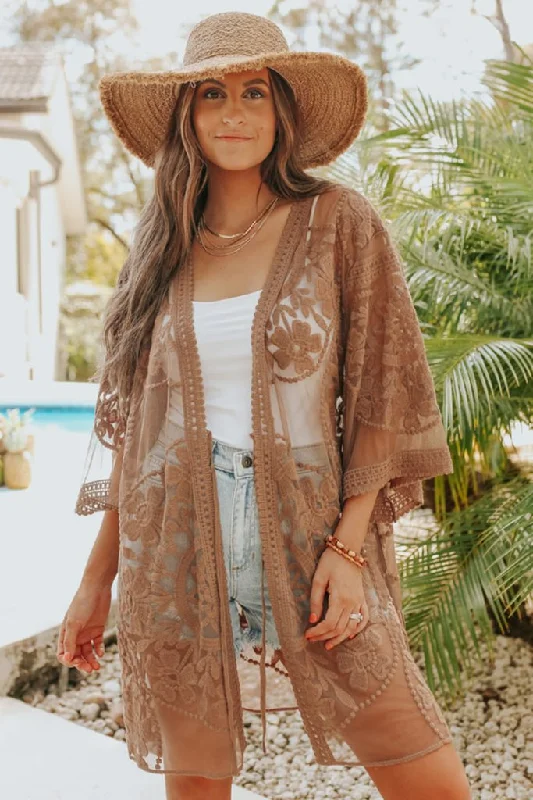 Embroidery Long Sleeve Lace Kimono Duster