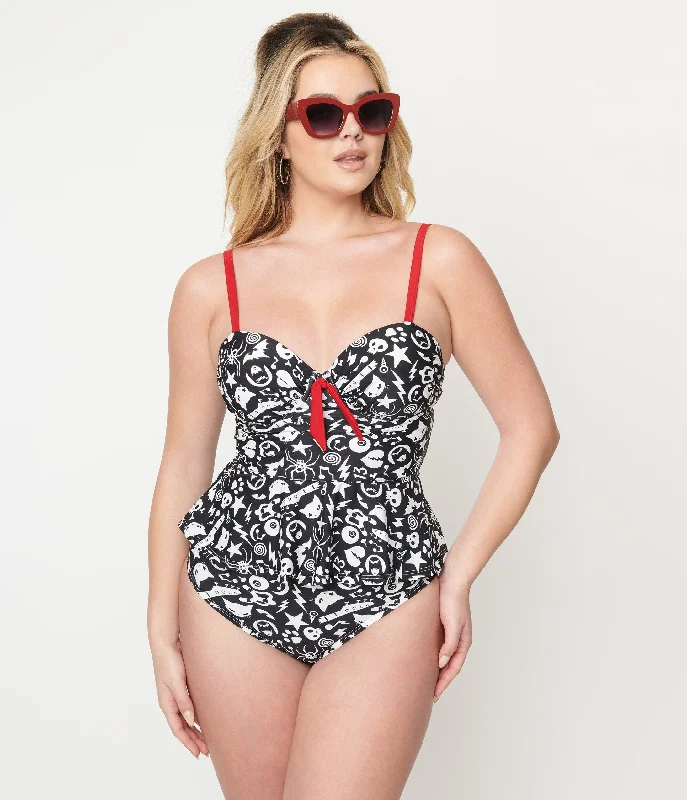 Women's Underwire Push - Up Swim Tops in Black for Enhanced Support and CleavageEmily The Strange x Unique Vintage Black & White Tankini Swim Top Women's Underwire Push - Up Swim Tops in Black for Enhanced Support and CleavageEmily The Strange x Unique Vintage Black & White Tankini Swim Top