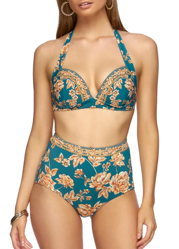 Push - up bikini top to enhance the bust for a confident beach appearanceEnchantment High Waist Bikini Pants - Teal Floral Push - up bikini top to enhance the bust for a confident beach appearanceEnchantment High Waist Bikini Pants - Teal Floral