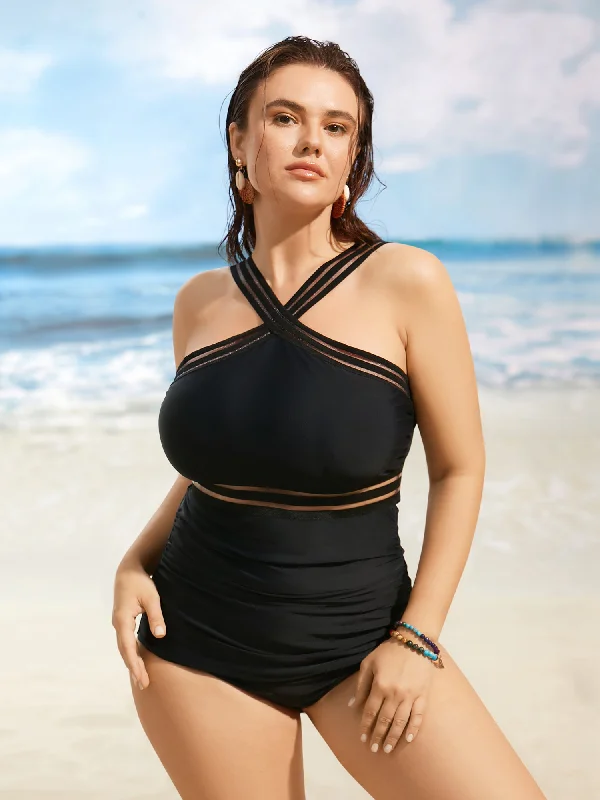 Women's Metallic One - Pieces in Silver for a Shiny and Eye - Catching Night OutfitOverlap Collar Patchwork Mesh Gathered One Piece Swimsuit Women's Metallic One - Pieces in Silver for a Shiny and Eye - Catching Night OutfitOverlap Collar Patchwork Mesh Gathered One Piece Swimsuit
