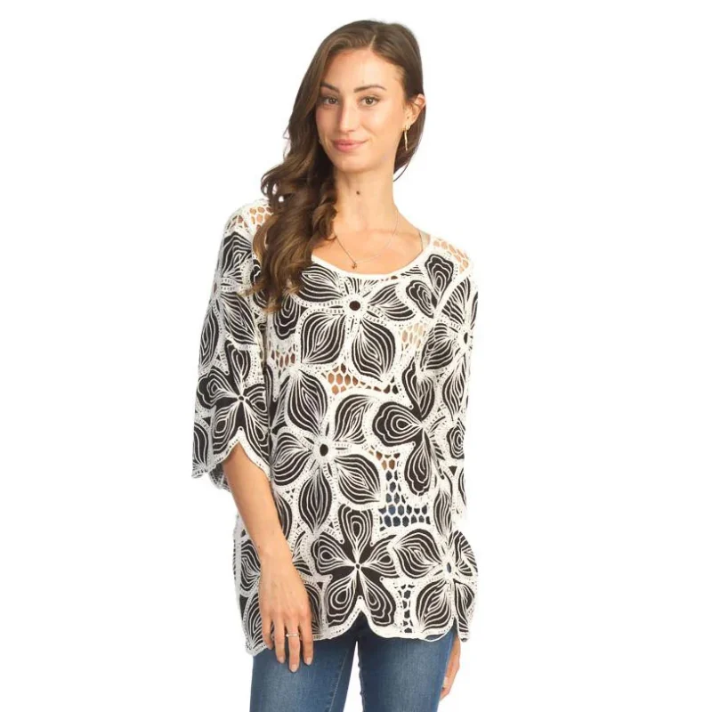See - through cover ups for a sexy and alluring beach outfitPapillon Crochet & Embroidered Floral Blouse Black