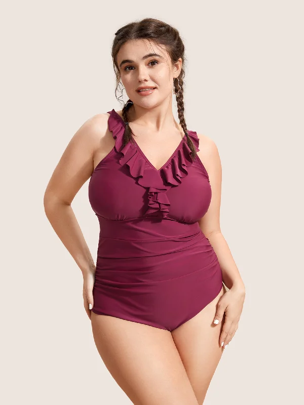 Plus Size Women's Wrap - Style One - Pieces in Burgundy with Belt for a Figure - Flattering OptionPlain Ruffle Trim Gathered Sleeveless One Piece Swimsuit Plus Size Women's Wrap - Style One - Pieces in Burgundy with Belt for a Figure - Flattering OptionPlain Ruffle Trim Gathered Sleeveless One Piece Swimsuit