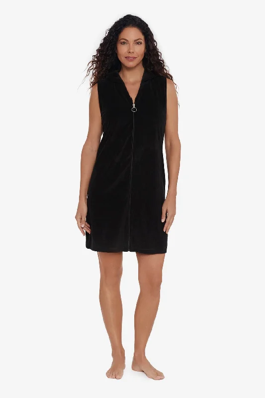 Recycled material cover ups for an environmentally friendly choiceHooded Zipper Terry Swim Cover Up - Black Recycled material cover ups for an environmentally friendly choiceHooded Zipper Terry Swim Cover Up - Black