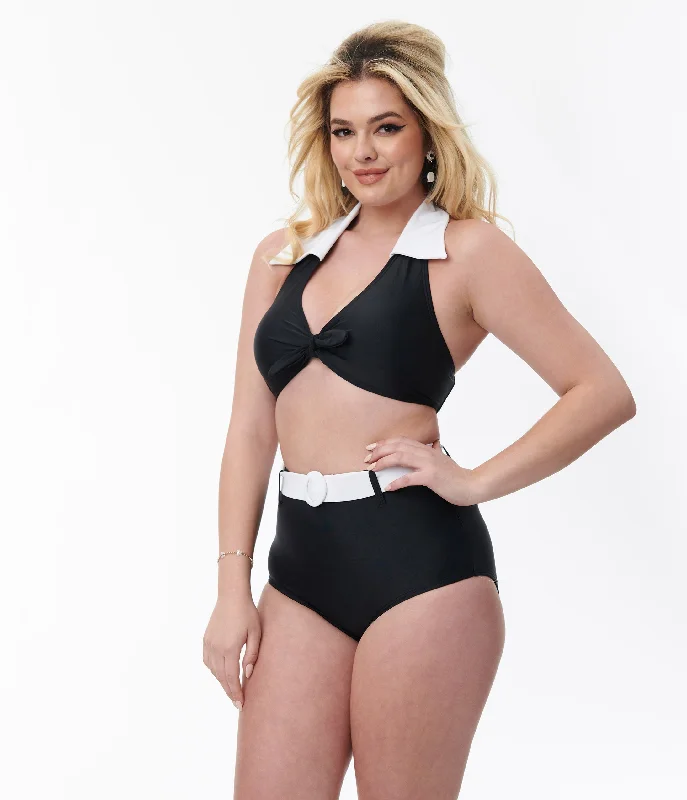 Plus Size Women's Longline Swim Tops in Navy with Striped Pattern for a Nautical StyleUnique Vintage Black & White Halter Swim Top Plus Size Women's Longline Swim Tops in Navy with Striped Pattern for a Nautical StyleUnique Vintage Black & White Halter Swim Top