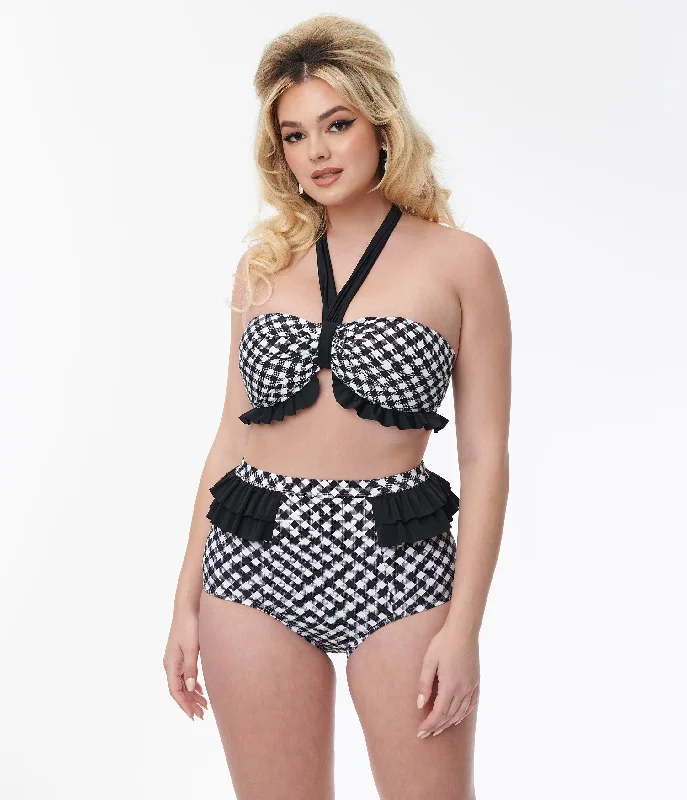 Plus Size Women's Longline Swim Tops in Navy with Striped Pattern for a Nautical StyleUnique Vintage Black & White Bias Gingham Twist Front Halter Swim Top Plus Size Women's Longline Swim Tops in Navy with Striped Pattern for a Nautical StyleUnique Vintage Black & White Bias Gingham Twist Front Halter Swim Top