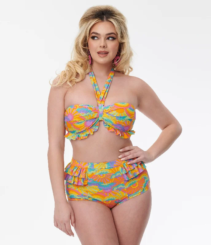 Women's Metallic - Trimmed Swim Tops in Gold for a Glamorous Beach PartyUnique Vintage Happy Groovy Rainbow Twist Front Halter Swim Top Women's Metallic - Trimmed Swim Tops in Gold for a Glamorous Beach PartyUnique Vintage Happy Groovy Rainbow Twist Front Halter Swim Top