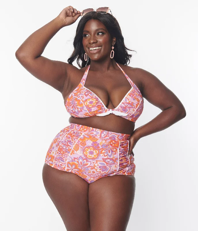 Plus Size Women's Floral - Embroidery Swim Tops in Cream for a Delicate and Elegant AppearanceUnique Vintage Plus Size Purple & Orange Bohemian Floral Print Halter Swim Top Plus Size Women's Floral - Embroidery Swim Tops in Cream for a Delicate and Elegant AppearanceUnique Vintage Plus Size Purple & Orange Bohemian Floral Print Halter Swim Top