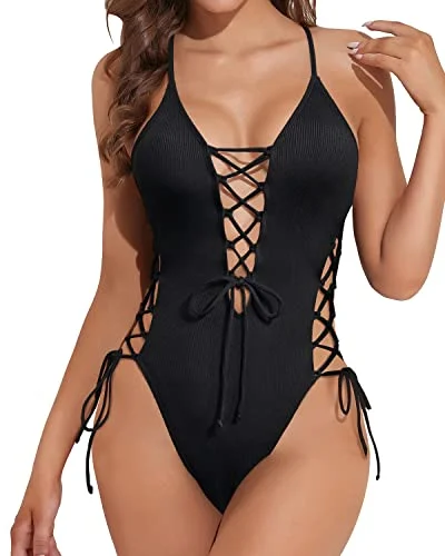 Women's Sleeveless Backless One - Pieces in Black with Cut - Out Details for a Sexy Beach LookDeep Plunge V Neck Sexy One Piece Swimsuit For Women-Black Women's Sleeveless Backless One - Pieces in Black with Cut - Out Details for a Sexy Beach LookDeep Plunge V Neck Sexy One Piece Swimsuit For Women-Black
