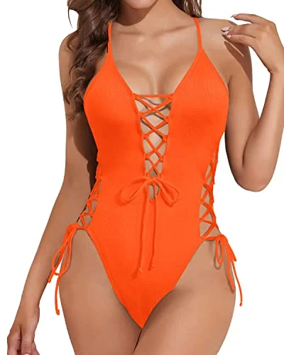 Plus Size Women's Wrap - Style One - Pieces in Burgundy with Belt for a Figure - Flattering OptionStrappy Lace Up Openings Bathing Suits Womens 1 Piece Swimsuits-Neon Orange Plus Size Women's Wrap - Style One - Pieces in Burgundy with Belt for a Figure - Flattering OptionStrappy Lace Up Openings Bathing Suits Womens 1 Piece Swimsuits-Neon Orange
