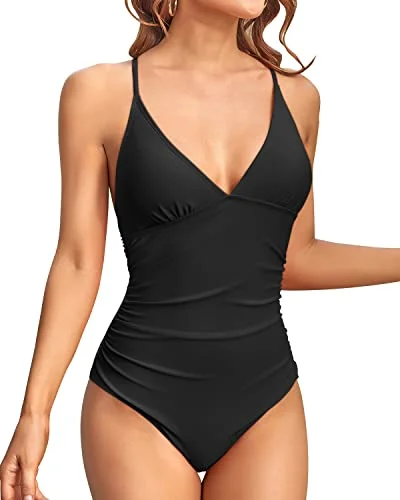 Plus Size Women's Wrap - Style One - Pieces in Burgundy with Belt for a Figure - Flattering OptionBathing Suits Tummy Control V Neck One Piece Swimsuits-Black Plus Size Women's Wrap - Style One - Pieces in Burgundy with Belt for a Figure - Flattering OptionBathing Suits Tummy Control V Neck One Piece Swimsuits-Black