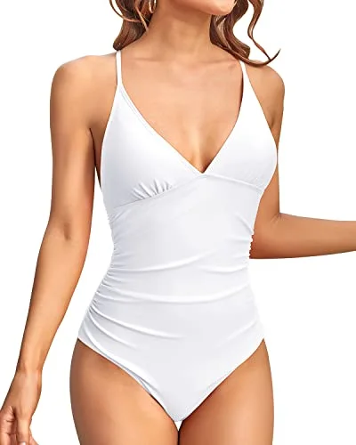 Women's Cut - Out One - Pieces in Black with Geometric Shapes for a Modern and Edgy StyleCross-Back Design Swimsuits Ruched Design For Women-White Women's Cut - Out One - Pieces in Black with Geometric Shapes for a Modern and Edgy StyleCross-Back Design Swimsuits Ruched Design For Women-White