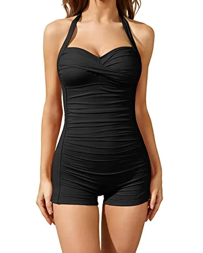 Plus Size Women's Animal Print One - Pieces in Leopard for a Bold and Trendy StatementRetro Bathing Suit Halter Swimwear Shorts Boyleg-Black Plus Size Women's Animal Print One - Pieces in Leopard for a Bold and Trendy StatementRetro Bathing Suit Halter Swimwear Shorts Boyleg-Black