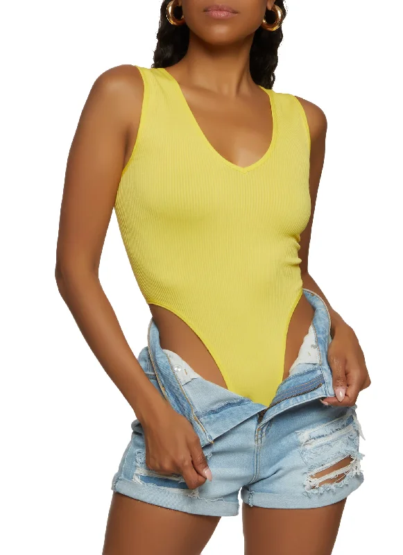 Sleeveless Bodysuits for a Cool and Casual Summer LookRibbed Knit High Cut V Neck Bodysuit Sleeveless Bodysuits for a Cool and Casual Summer LookRibbed Knit High Cut V Neck Bodysuit